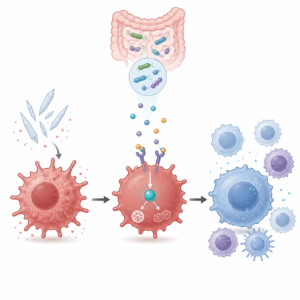 Figure 2. Een door microben gemaakt molecuul bindt een receptor op immuuncellen, activeert een energieresensor en schakelt ze om van aanvalstoestand naar herstelmodus.