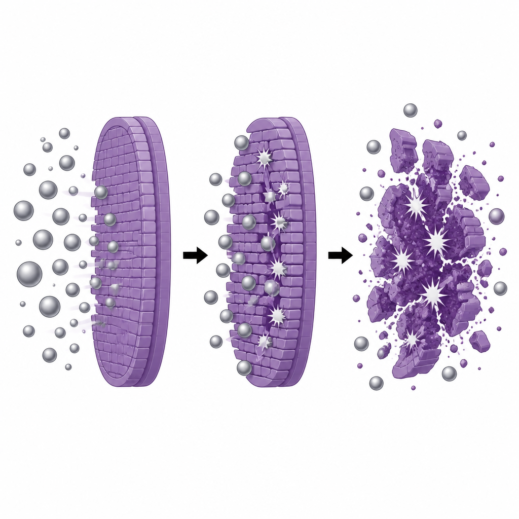 Figure 2. Small silver nanoparticles attach to and break apart dog skin bacteria step by step.