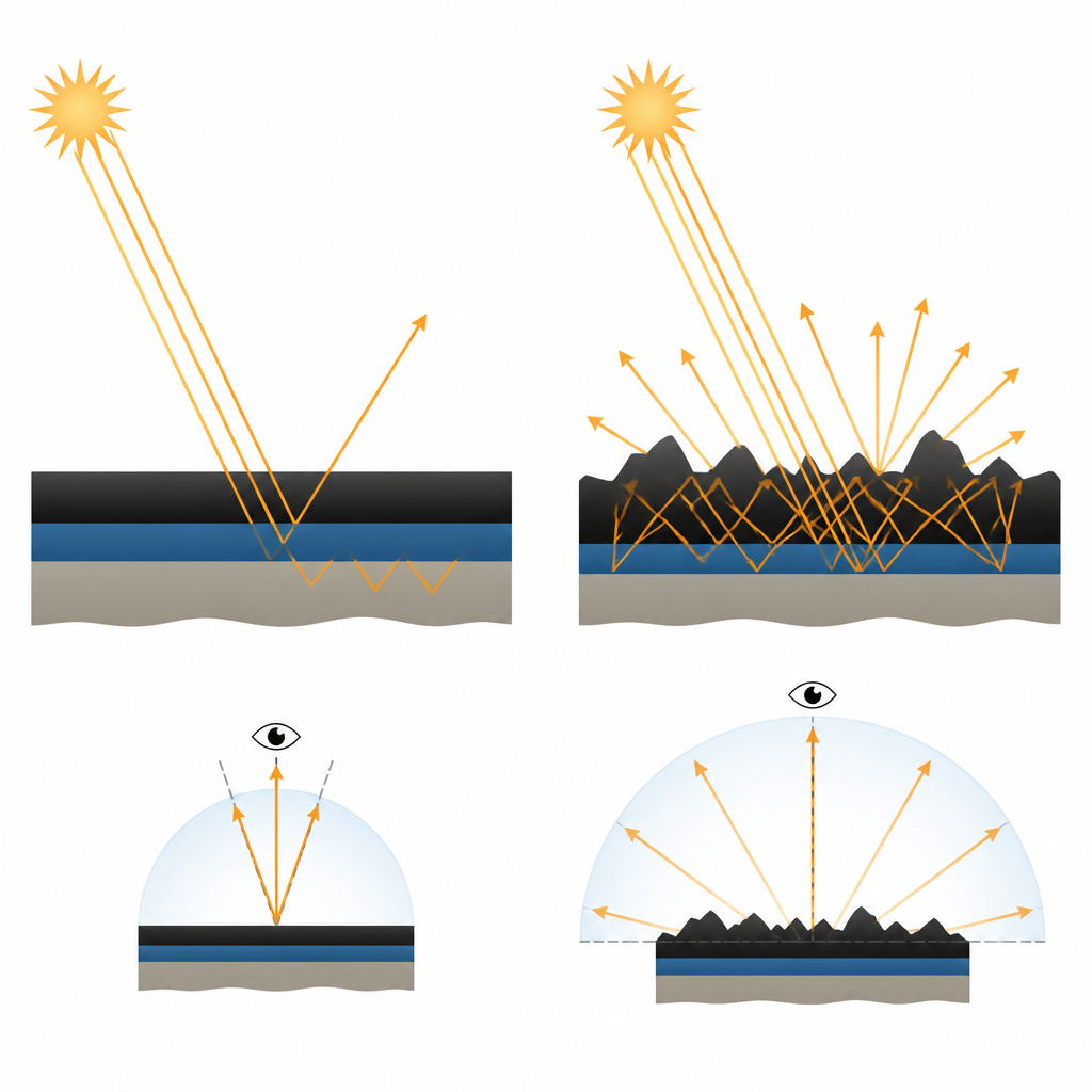 Figure 2. Superficie de recubrimiento solar moderadamente rugosa que atrapa la luz y distribuye el color en amplios ángulos de visión.