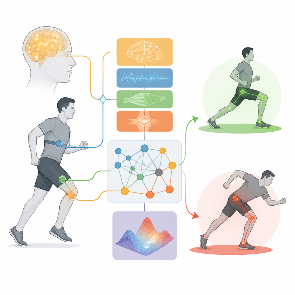 Figure 2. Cómo las señales combinadas del cerebro y el cuerpo fluyen a través de un modelo para marcar movimientos seguros frente a mayor riesgo de lesión.