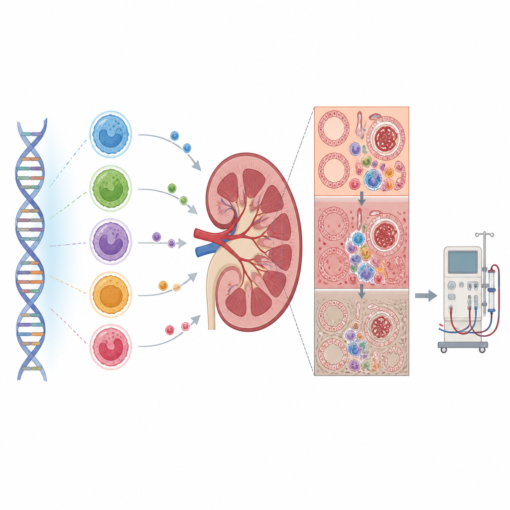 Figure 2. How gene-driven immune cell behavior in the kidney can speed tissue damage and lead to dialysis.