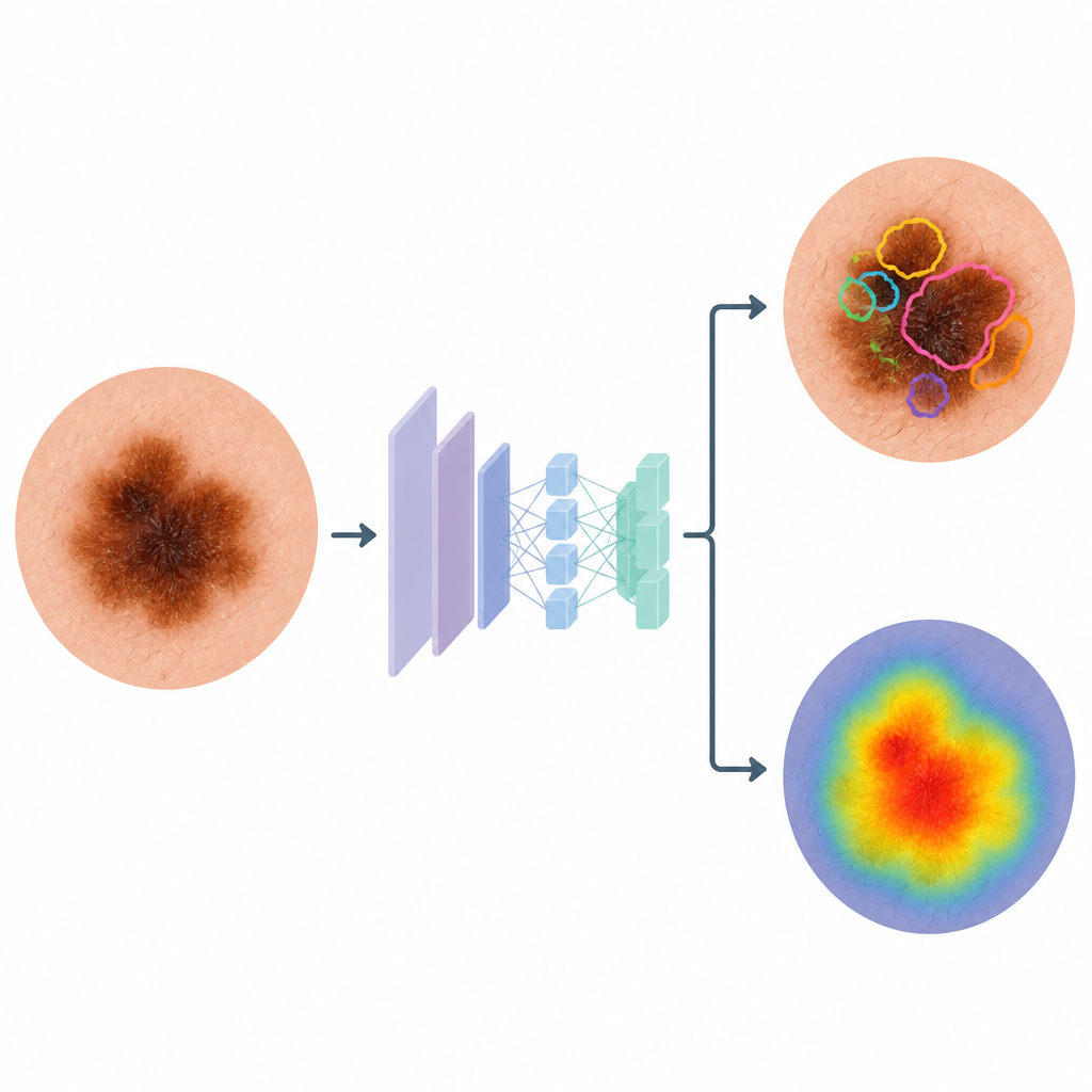 Figure 2. KI erkennt wichtige visuelle Muster in einer Hautläsion und hebt denselben Bereich hervor, den ein Dermatologe inspizieren würde.