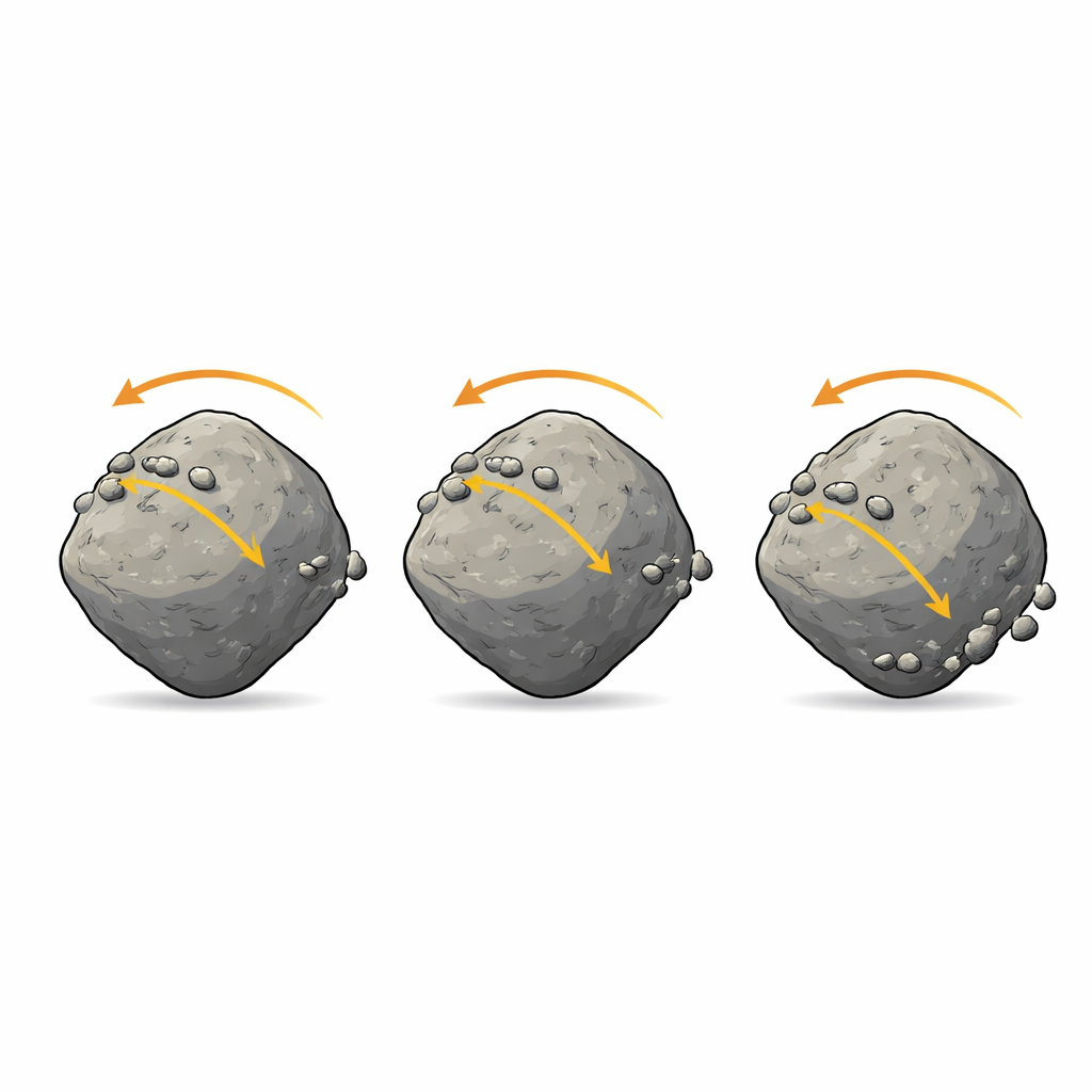 Figure 2. Hoe Ryugu’s draaiing en hellingen blokken begeleiden terwijl ze glijden, barsten en zich in voorkeurspaden en -patronen nestelen.