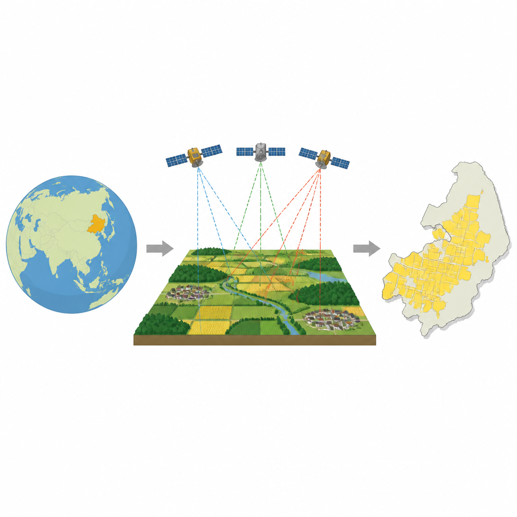 Figure 1. Satélites que observan el noreste de China para convertir paisajes agrícolas complejos en mapas claros de tierras cultivadas.