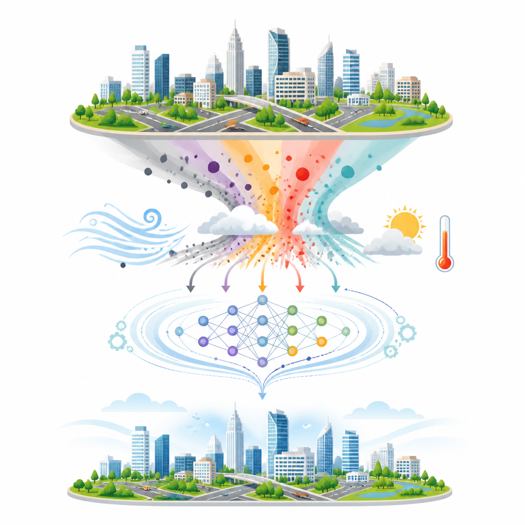Figure 1. Cómo un modelo inteligente convierte datos urbanos desordenados sobre contaminación y clima en pronósticos de aire más claros