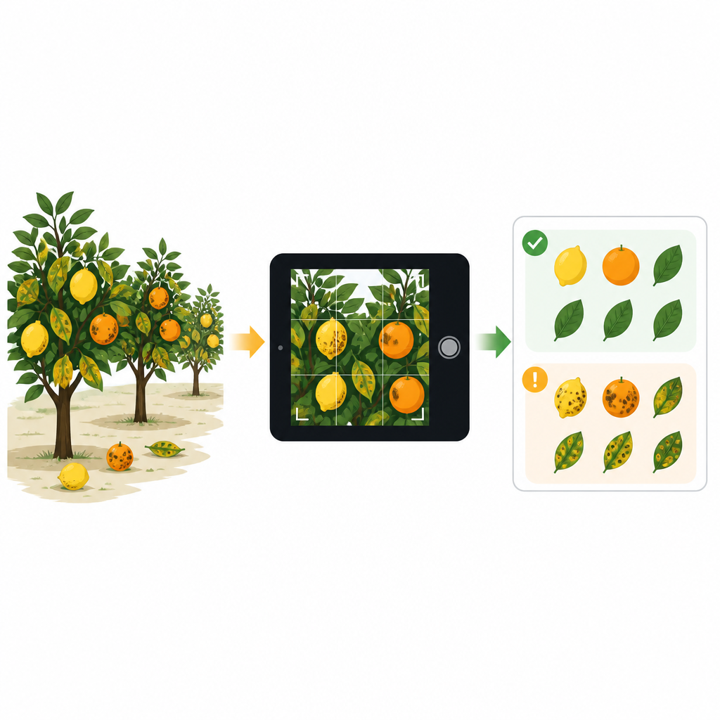 Figure 1. Foto's van citrusbomen worden omgezet in snelle automatische gezondheidscontroles voor vruchten en bladeren.