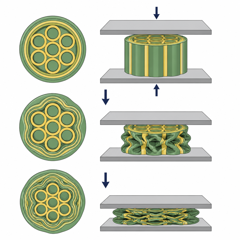Figure 2. Geschichtete Innen‑ und Außenrohre verformen sich schrittweise zwischen Platten und wandeln Aufprallenergie in kontrollierte Absorption um.