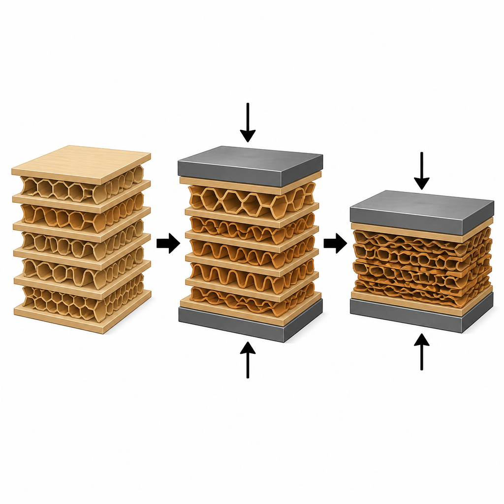Figure 2. Stosy warstw komór uginają się, ulegają wyboczeniu i miażdżeniu pod obciążeniem, stopniowo pochłaniając energię w panelach 3D drukowanych na wzór dębu.