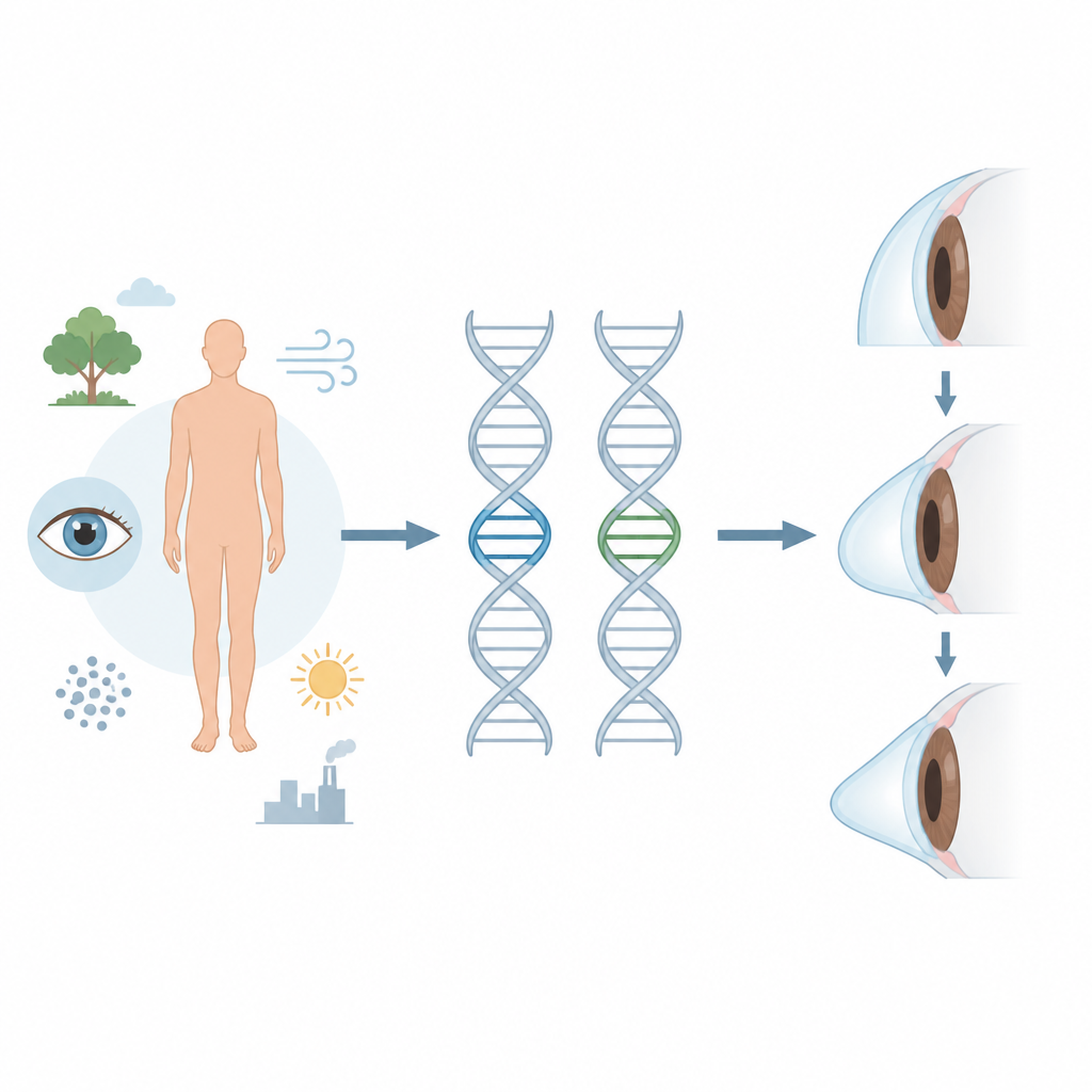 Figure 1. 特定の遺伝子がどのようにして眼の透明な前面を脆弱にし、角膜円錐症のリスクを高めるか。