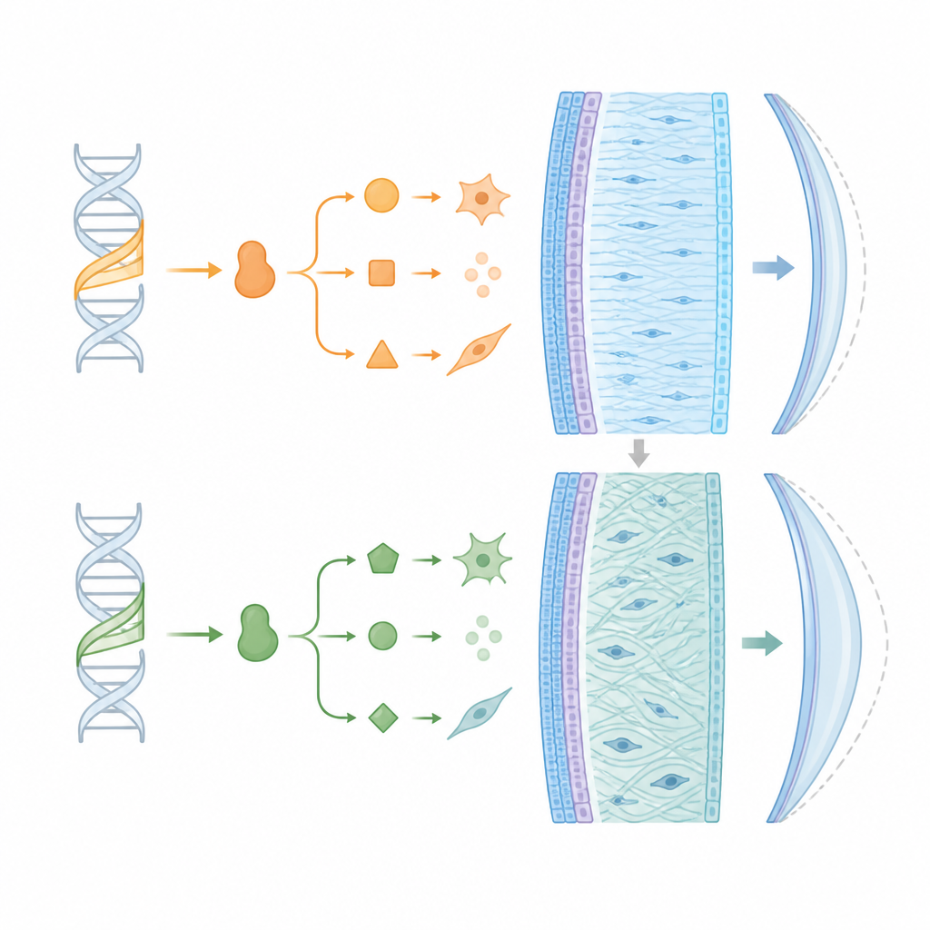Figure 2. リスクのある遺伝子活動がどのように角膜の構造と免疫を乱し、コラーゲン線維を薄くして角膜が突出するか。