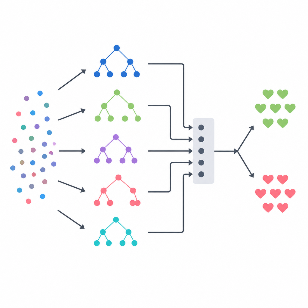 Figure 2. Combinare diversi alberi decisionali in un modello più robusto che separa i casi a rischio cardiaco alto e basso