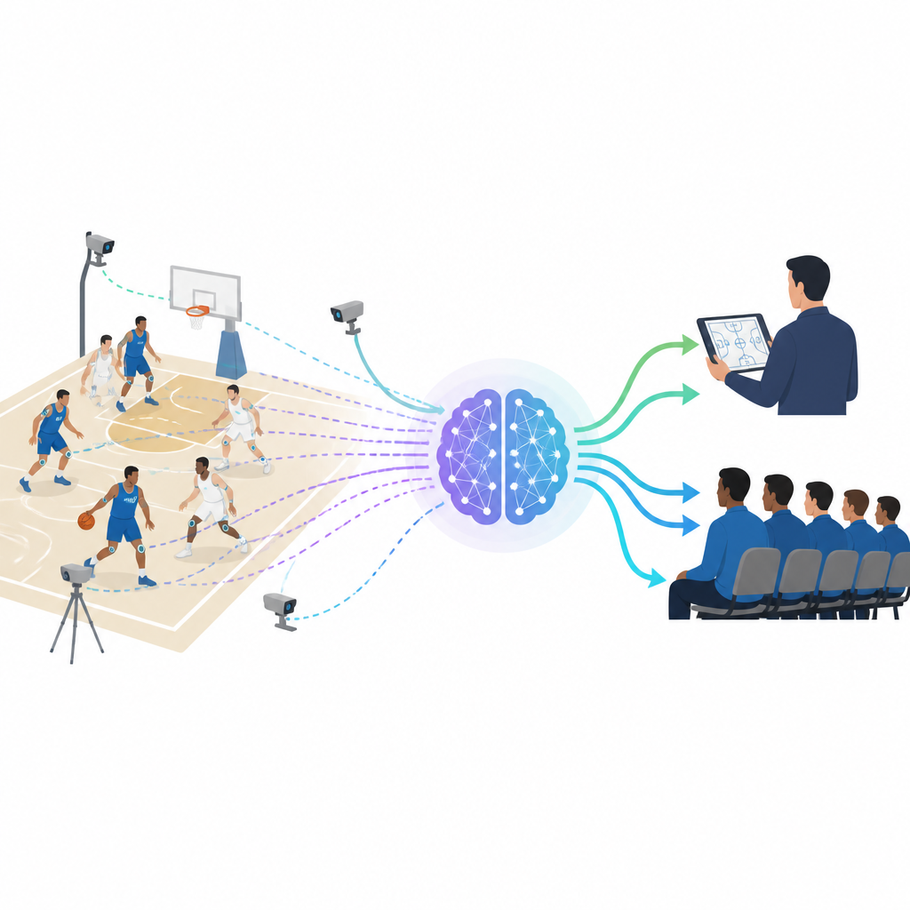 Figure 1. AI-assistent die spelersbeweging, gezondheid en focus combineert om realtime coachbeslissingen in basketbal te ondersteunen.