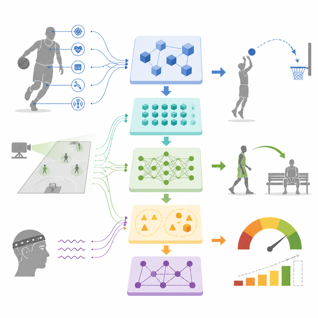 Figure 2. Stapsgewijze weergave van hoe sensorgegevens door een AI-systeem stromen om schotkeuze, wissels en risicobewuste strategie te vormen.