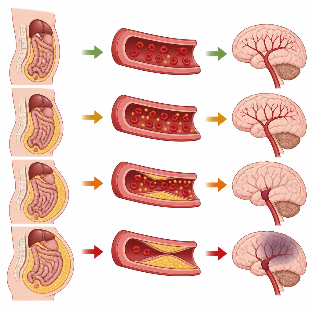 Figure 2. Karın yağı ve sağlıksız kan yağlarının damarları zamanla nasıl daralttığı ve inmeye yol açtığı.