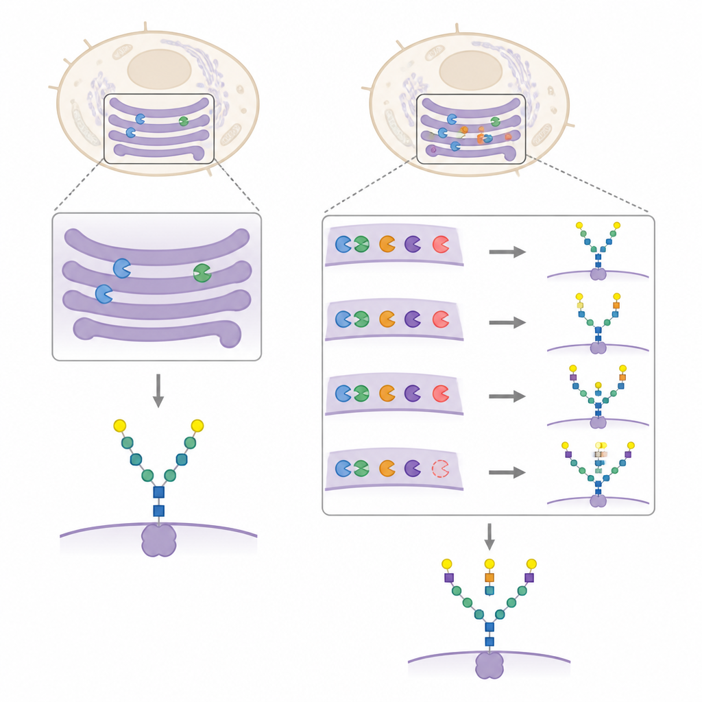 Figure 2. Aggiunte enzimatiche progressive e riduzione del trimming permettono alle stack del Golgi degli insetti di costruire alberi zuccherini stabili a tre rami sulle proteine.