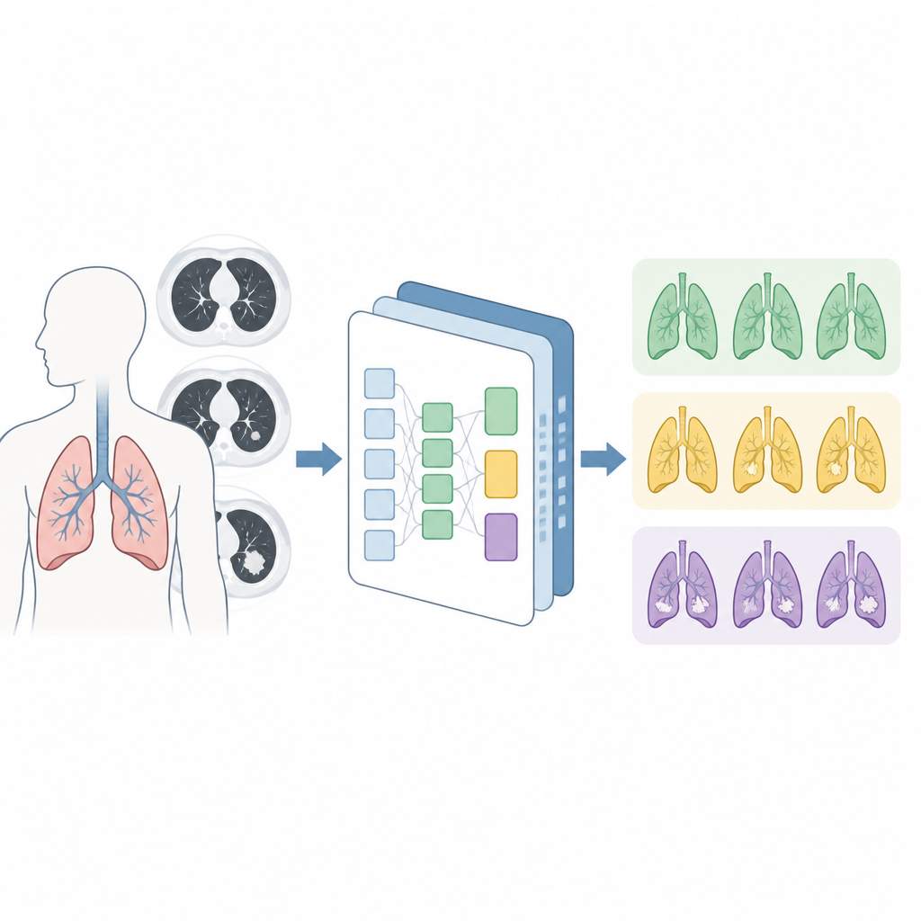 Figure 1. Cómo la IA interpreta tomografías de pulmón para ordenar imágenes en categorías: sana, inocua o cancerosa.