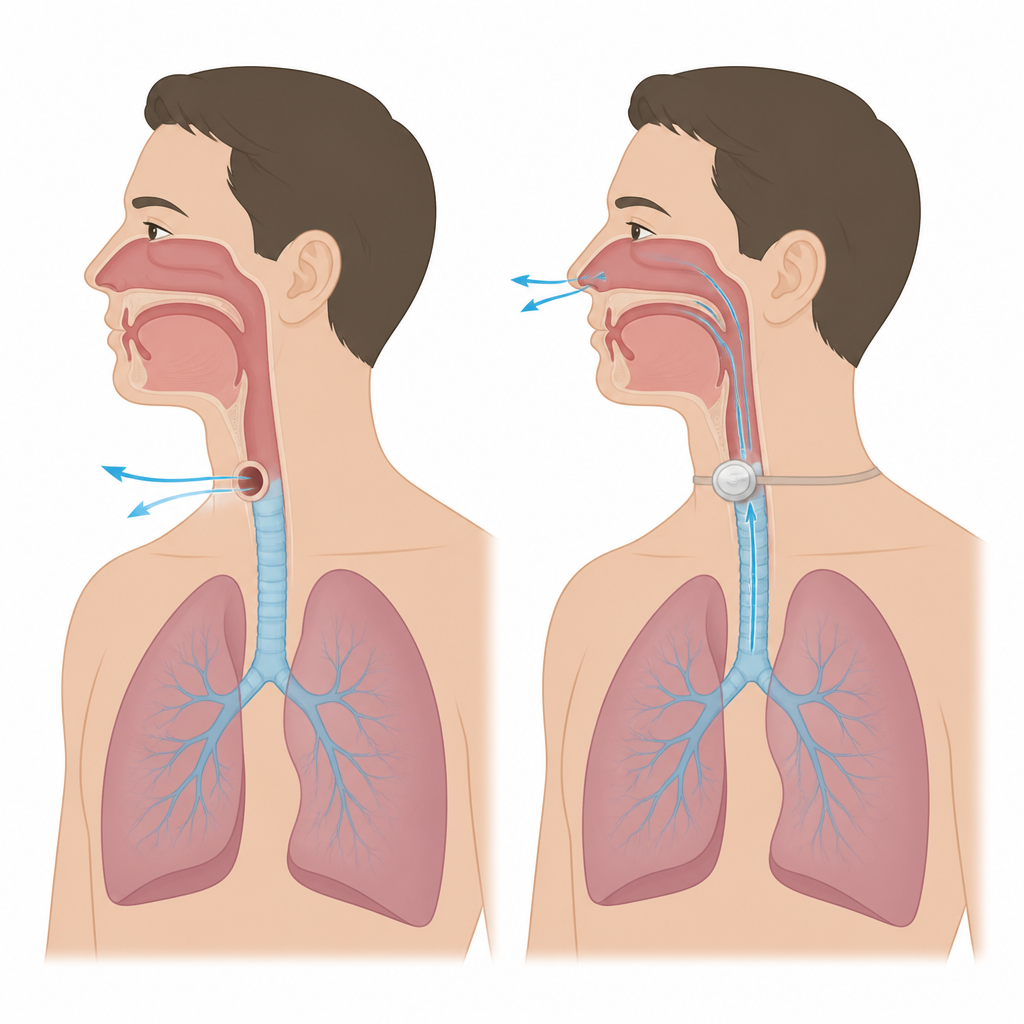 Figure 1. Un disco interno en el cuello favorece el paso del aire por la boca y la nariz en lugar de perderse por la abertura en la garganta.