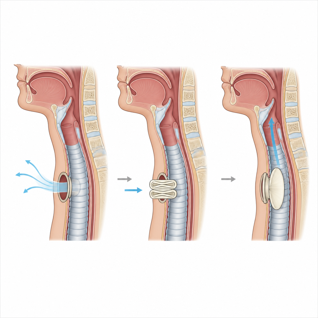 Figure 2. Vista paso a paso de un dispositivo tipo disco blando entrando en la tráquea, desplegándose y sellando la traqueostomía desde el interior.