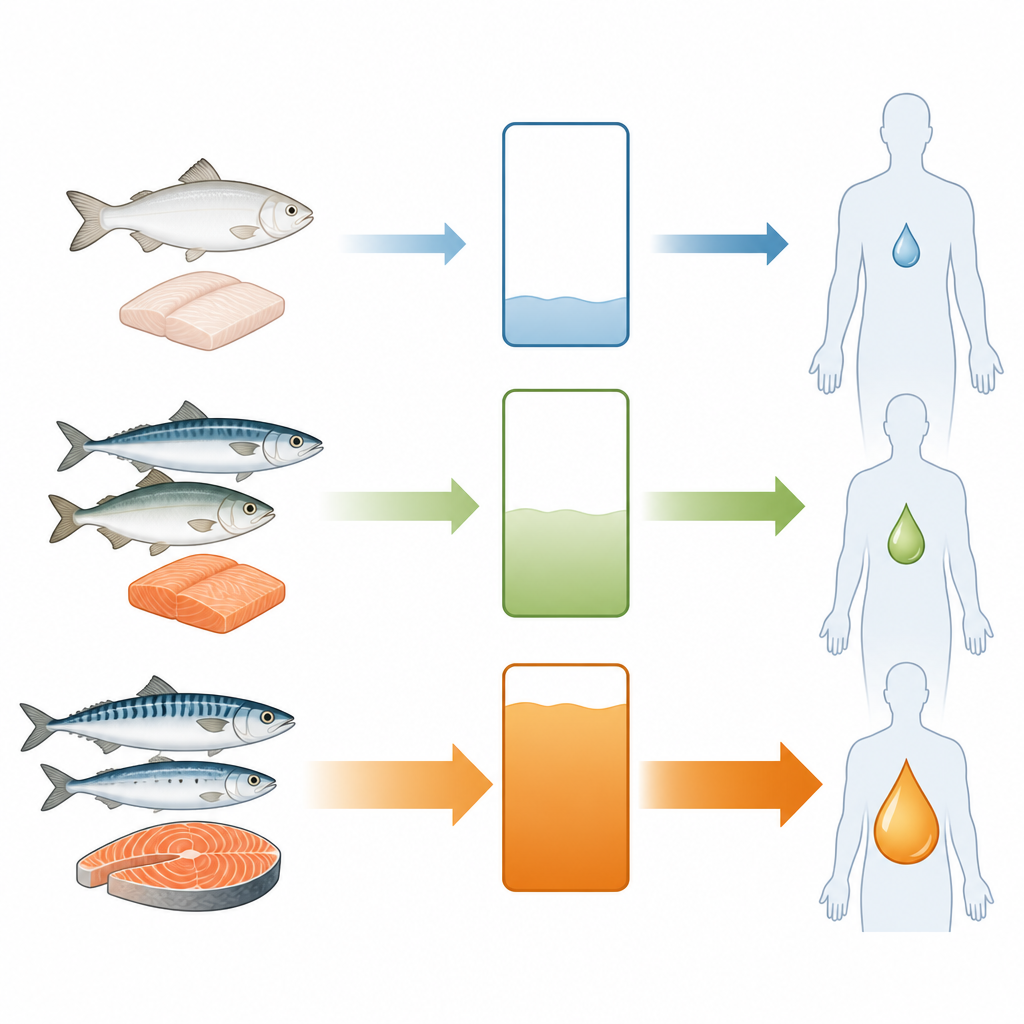 Figure 2. Come porzioni di pesce magro, misto e grasso si traducono passo dopo passo in livelli corporei bassi, medi o alti di omega-3