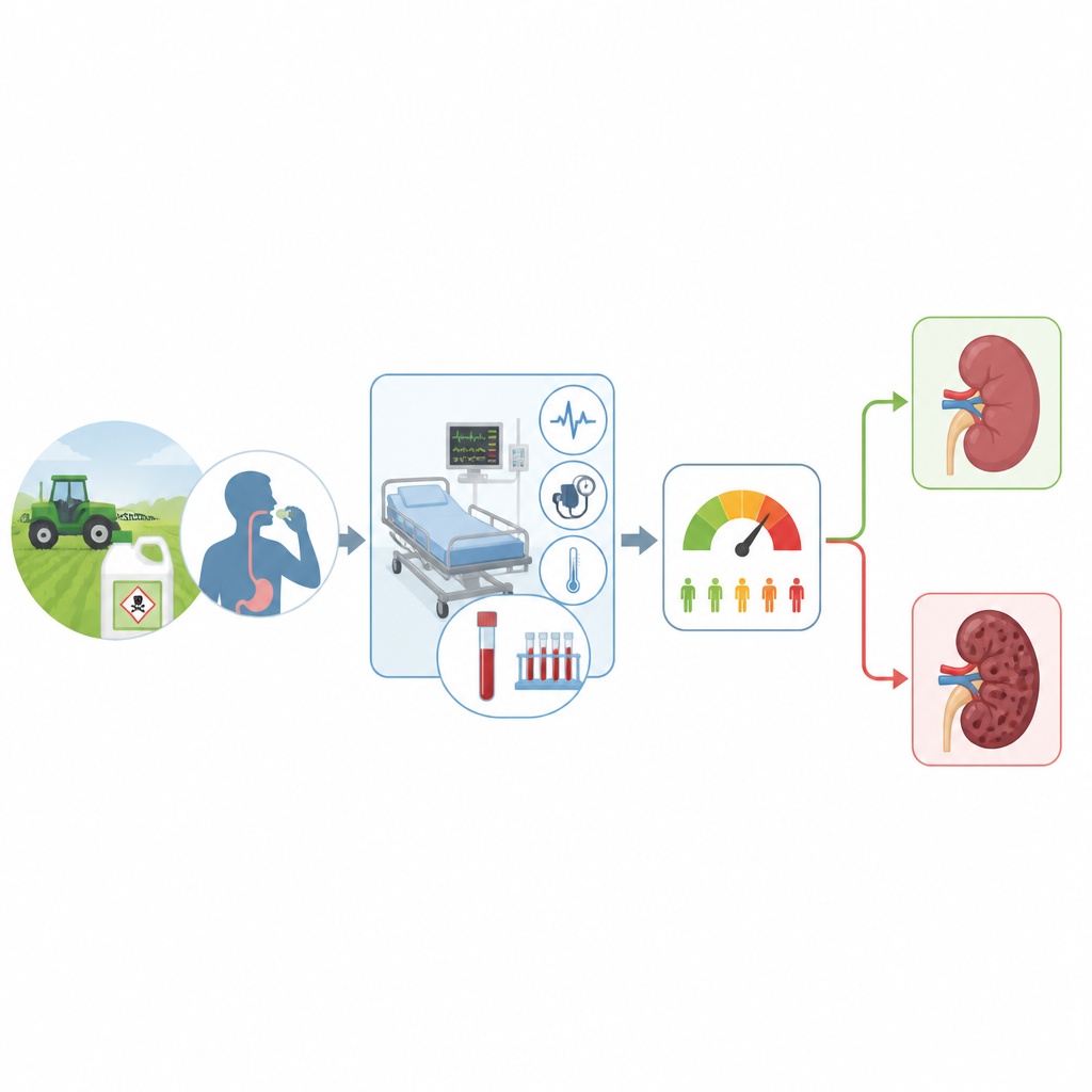 Figure 1. From pesticide ingestion to early hospital checks guiding low versus high kidney risk paths.