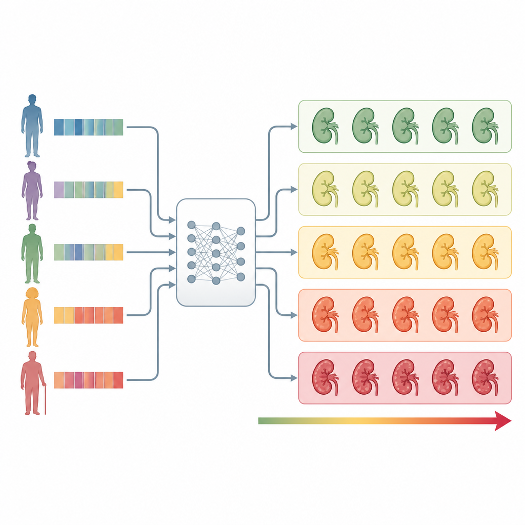 Figure 2. Early patient data flow through a risk model that sorts kidneys from healthy to increasingly injured.
