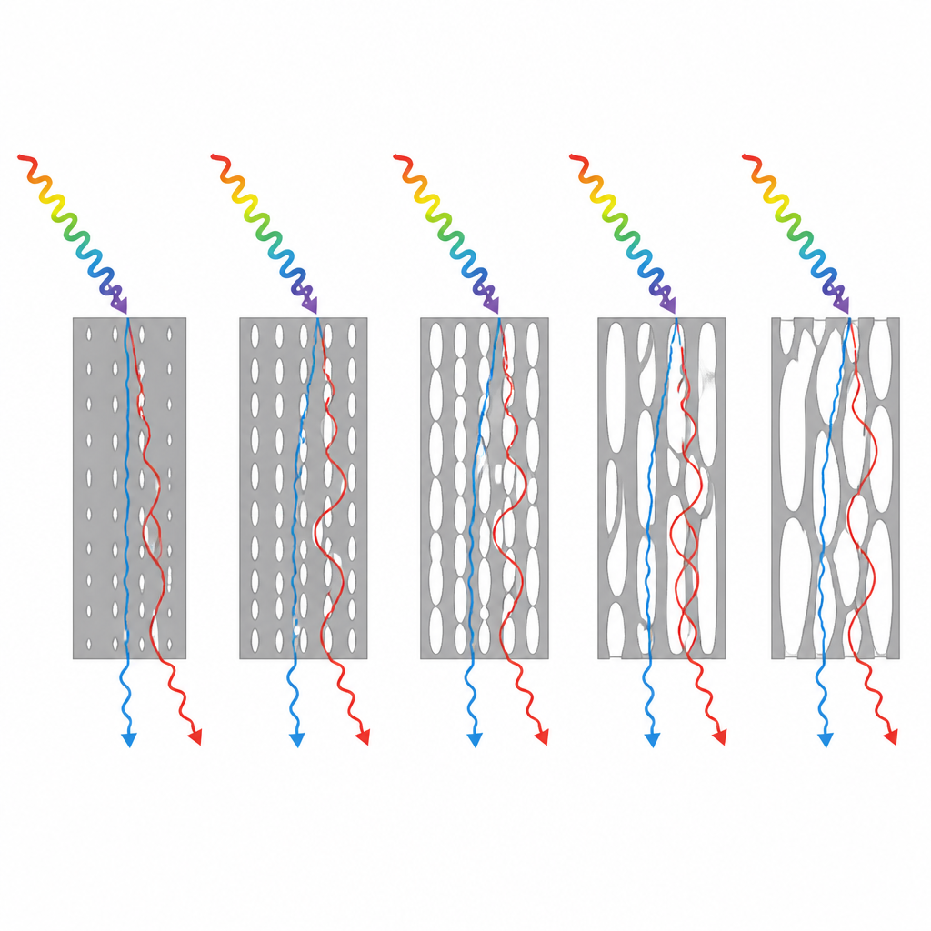 Figure 2. Modifier la taille et la densité des pores dans le silicium poreux change la façon dont deux polarisation de la lumière se propagent dans le matériau.