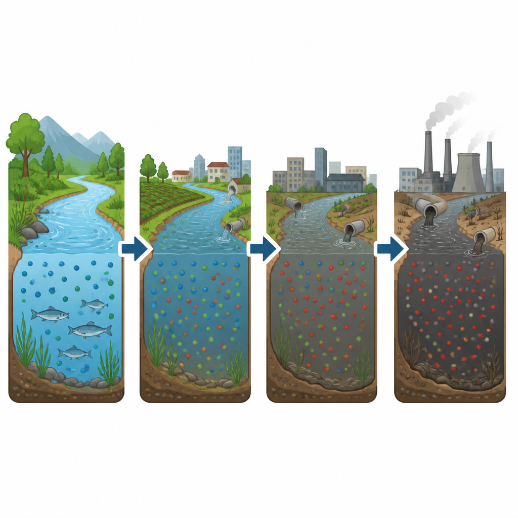 Figure 2. How rising pollution along the Yamuna changes oxygen, microbes, and carbon processing from healthy to heavily stressed.