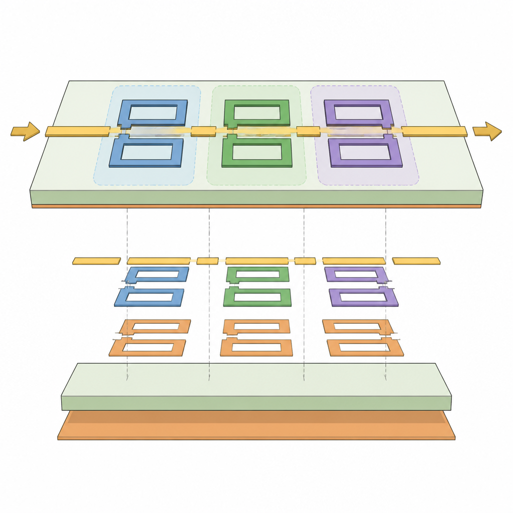 Figure 2. Pares de resonadores microstrip en capas sobre una placa que guían una señal a través de tres regiones de filtrado sintonizadas
