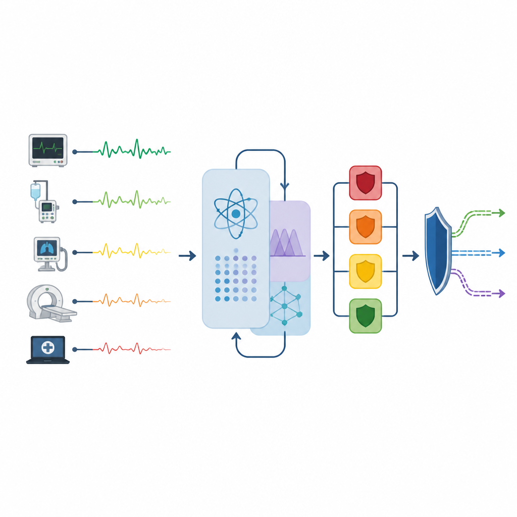 Figure 2. Wie subtile Veränderungen in Netzwerksignalen von Geräten schrittweise analysiert werden, um Risiko zu beurteilen und Schutzmaßnahmen auszulösen.