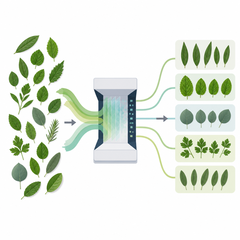 Figure 1. How a computer vision pipeline turns raw leaf photos into correctly sorted herb species groups.