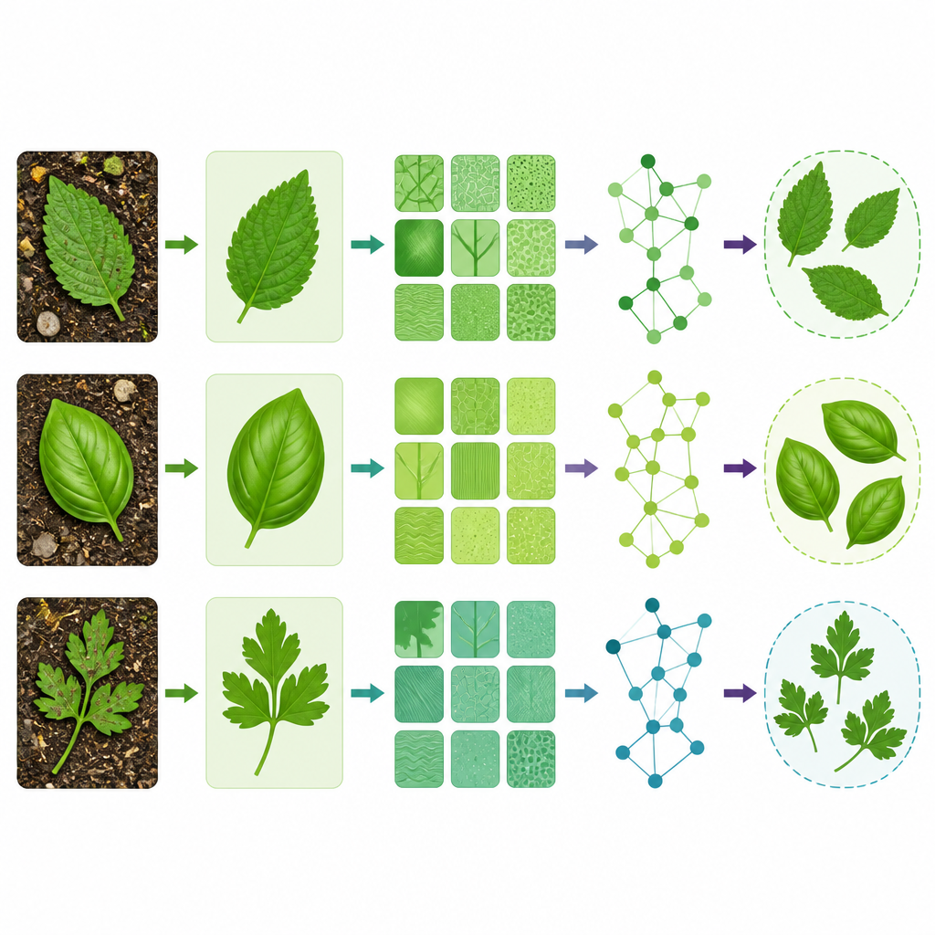Figure 2. How noisy herb leaf images are cleaned, analyzed for patterns, and passed through a graph network to decide species.