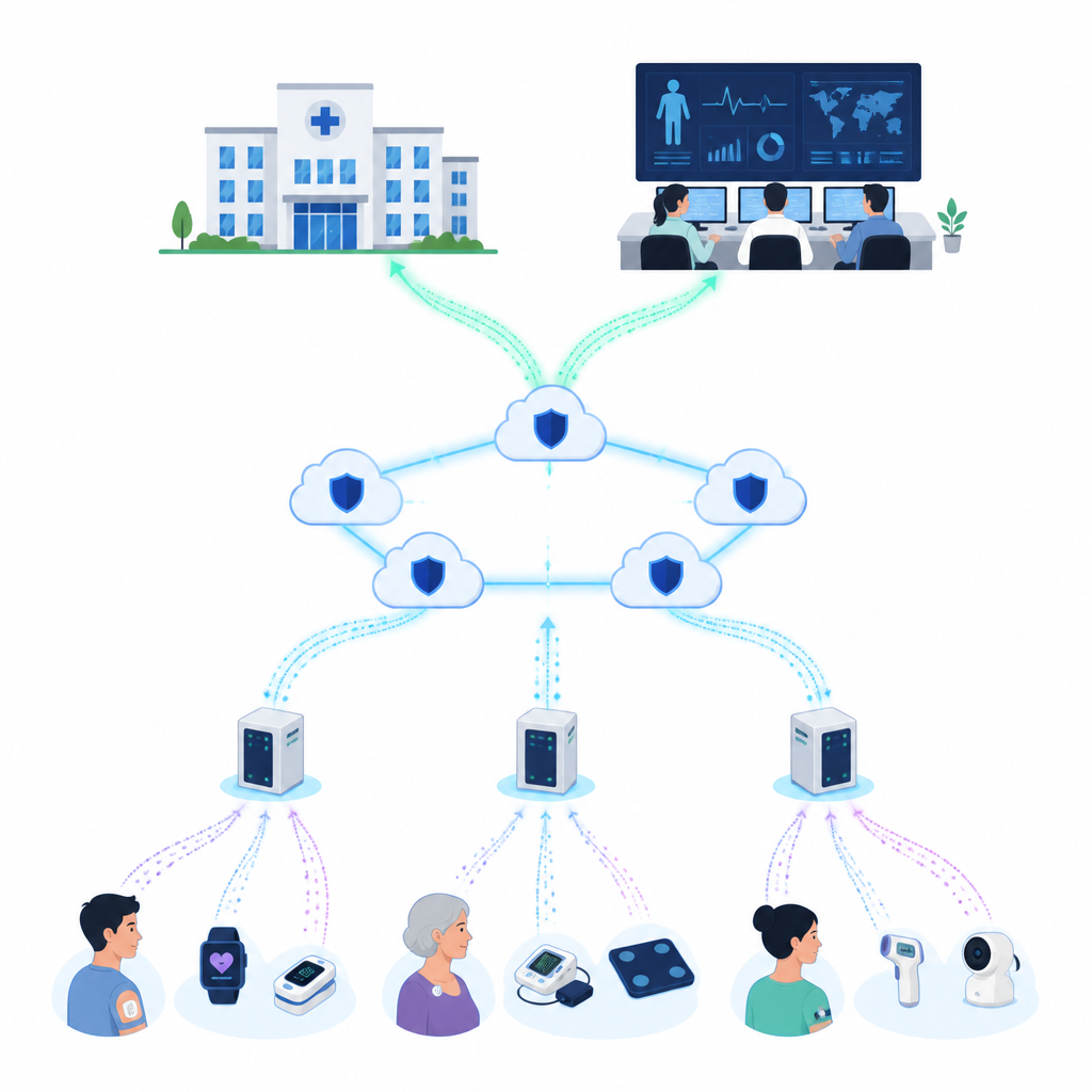 Figure 1. How connected medical devices, edge servers, and a shared ledger work together to keep healthcare data secure.