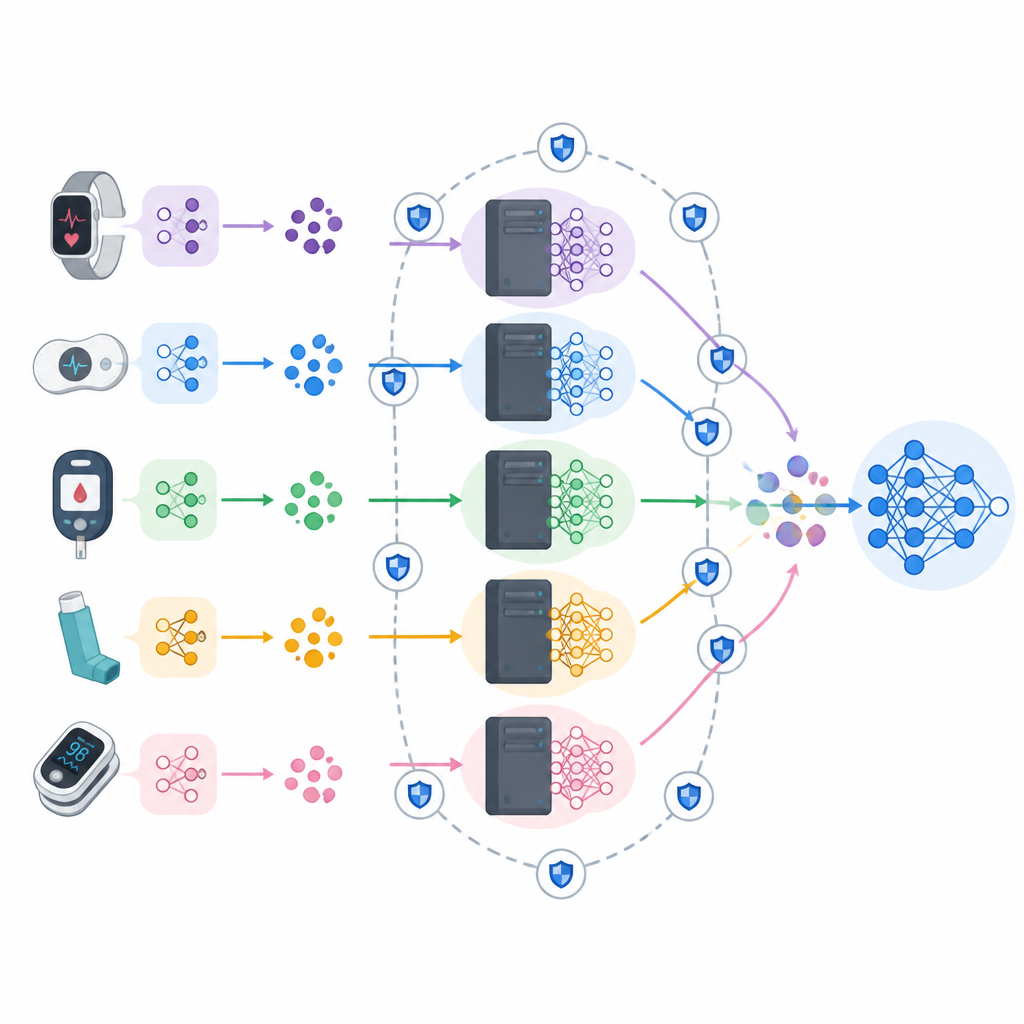 Figure 2. How partial models on devices and edge servers, coordinated by blockchain, jointly learn to spot attacks on medical networks.