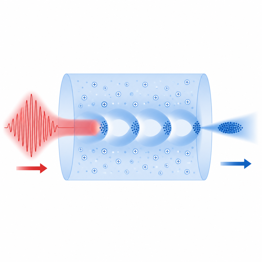 Figure 1. Een laserpuls drijft een plasmagolf die elektronen bijeen klontert en accelereert tot een compacte hoogenergiestraal.