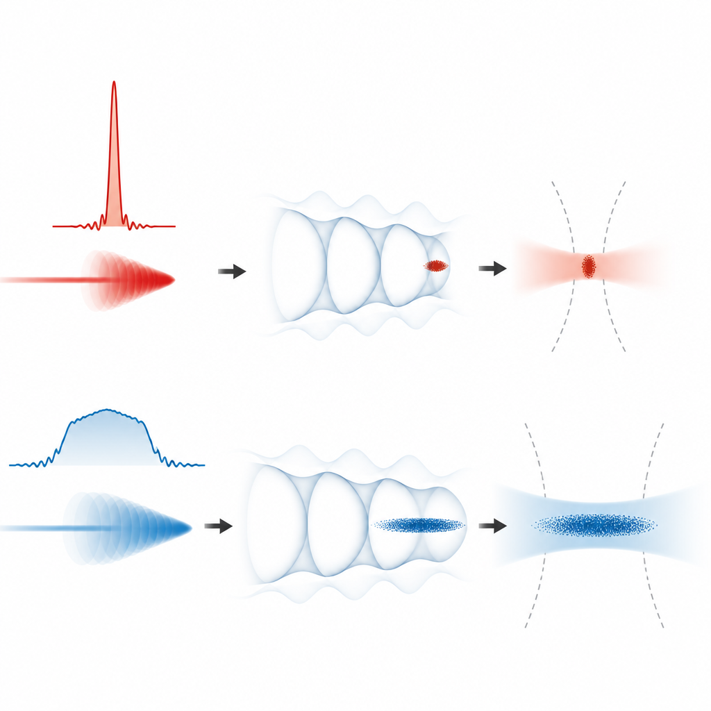 Figure 2. Verschillende pulsvormen van de laser creëren ofwel kortere hoogenergetische elektronenbundels of langere bundels met grotere lading.