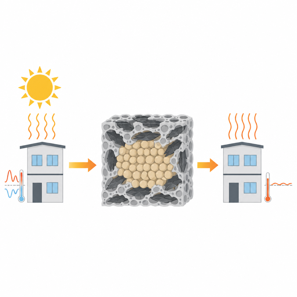 Figure 1. Wie ein zuckerbasiertes Feststoffmaterial, poröses Gestein und Kohlenstoffplättchen zusammenarbeiten, um Wärme in Gebäuden und Geräten zu speichern und abzugeben.