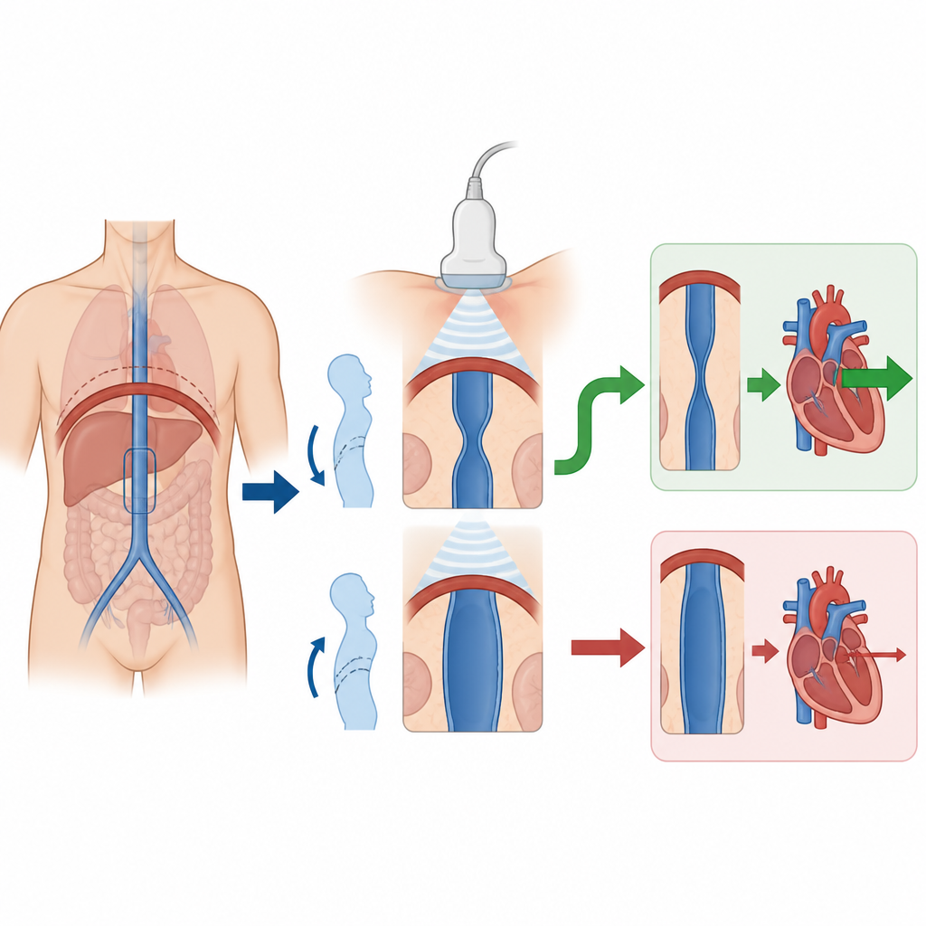 Figure 2. Uso dell’ecografia durante un respiro profondo di una vena addominale per distinguere i pazienti che trarrebbero beneficio dai fluidi da quelli che non ne trarrebbero.