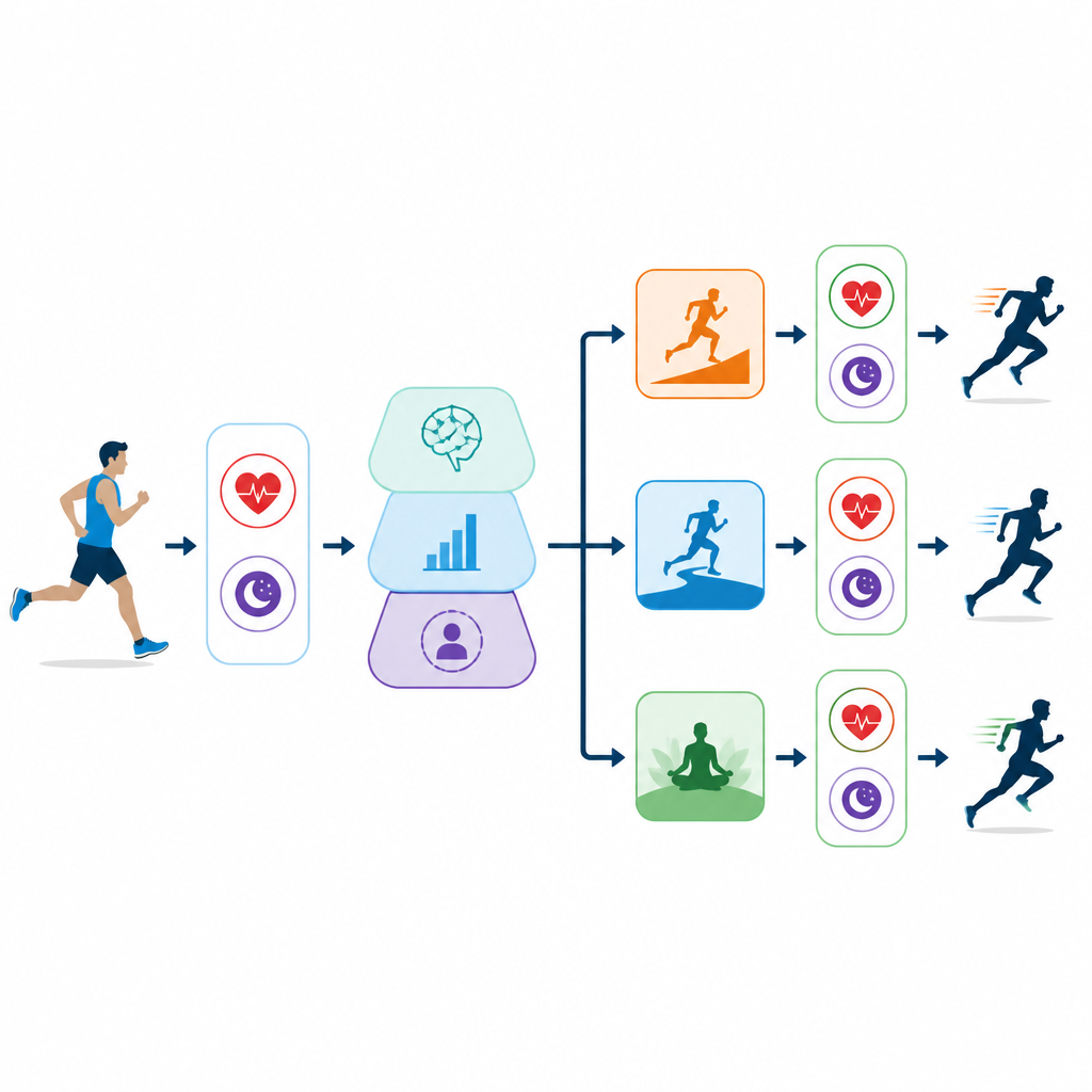 Figure 2. Cómo las señales del cuerpo fluyen hacia un sistema de decisión inteligente que elige trabajo más duro, sesiones más largas o recuperación para modelar la forma física futura.
