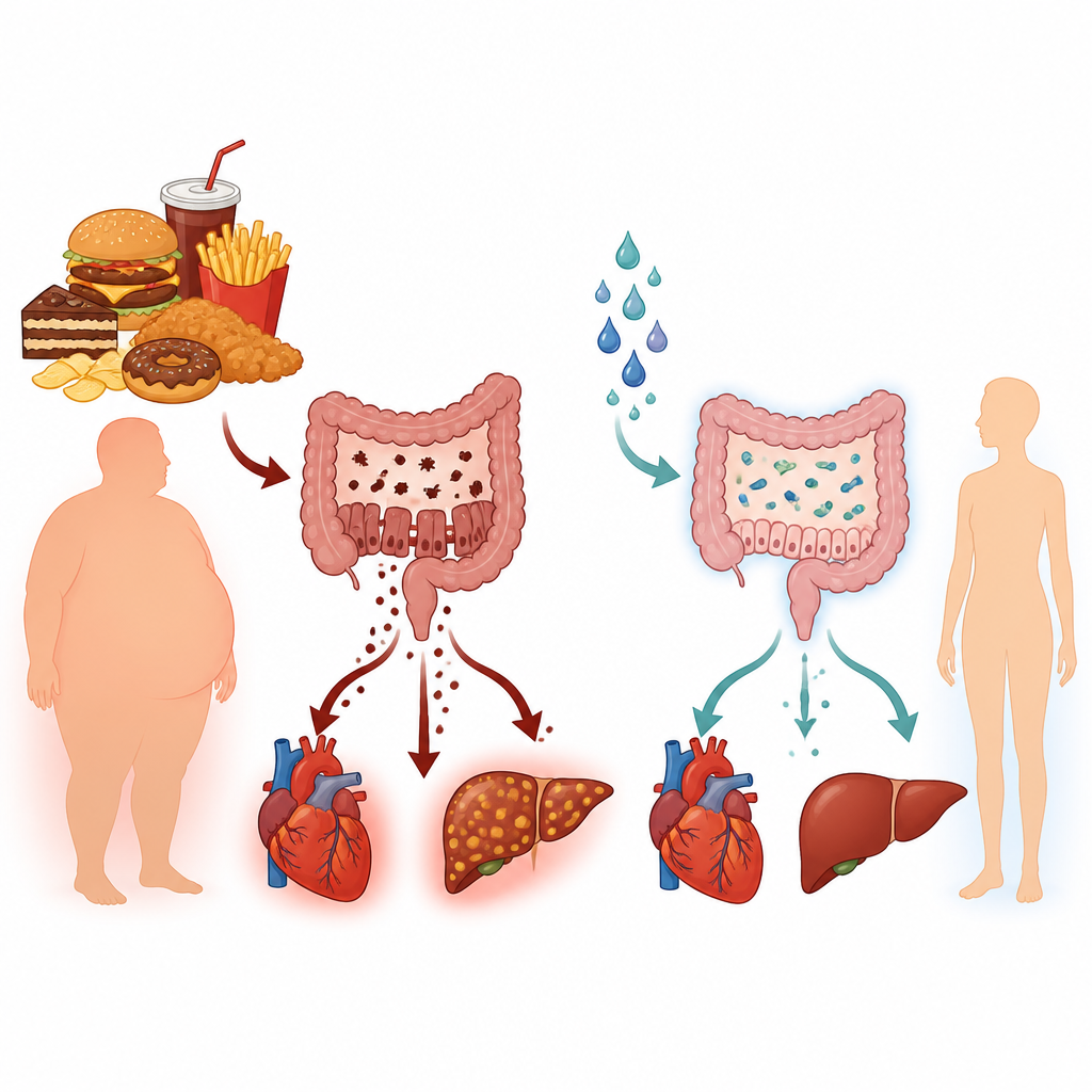 Figure 1. How an obesity drug can calm harmful signals traveling from the gut to the heart in a junk food-style diet.
