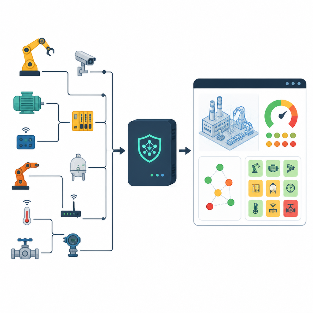 Figure 1. Jak centralny mechanizm zaufania i cyfrowy bliźniak nadzorują podłączone urządzenia fabryczne dla bezpieczniejszego przemysłowego IoT.