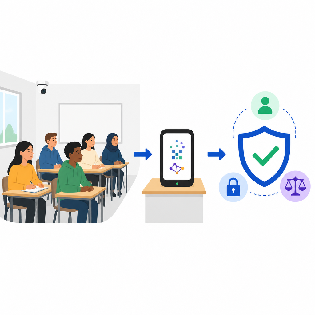 Figure 1. How a classroom camera and nearby device can mark attendance while keeping student data private and secure.