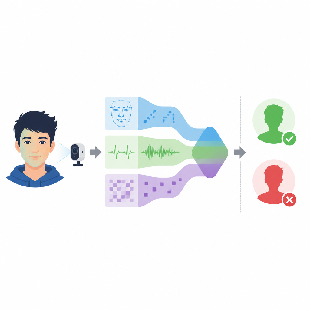 Figure 2. How a smart system combines face features, pulse signals, and video clues to accept real students and reject fake or unknown faces.