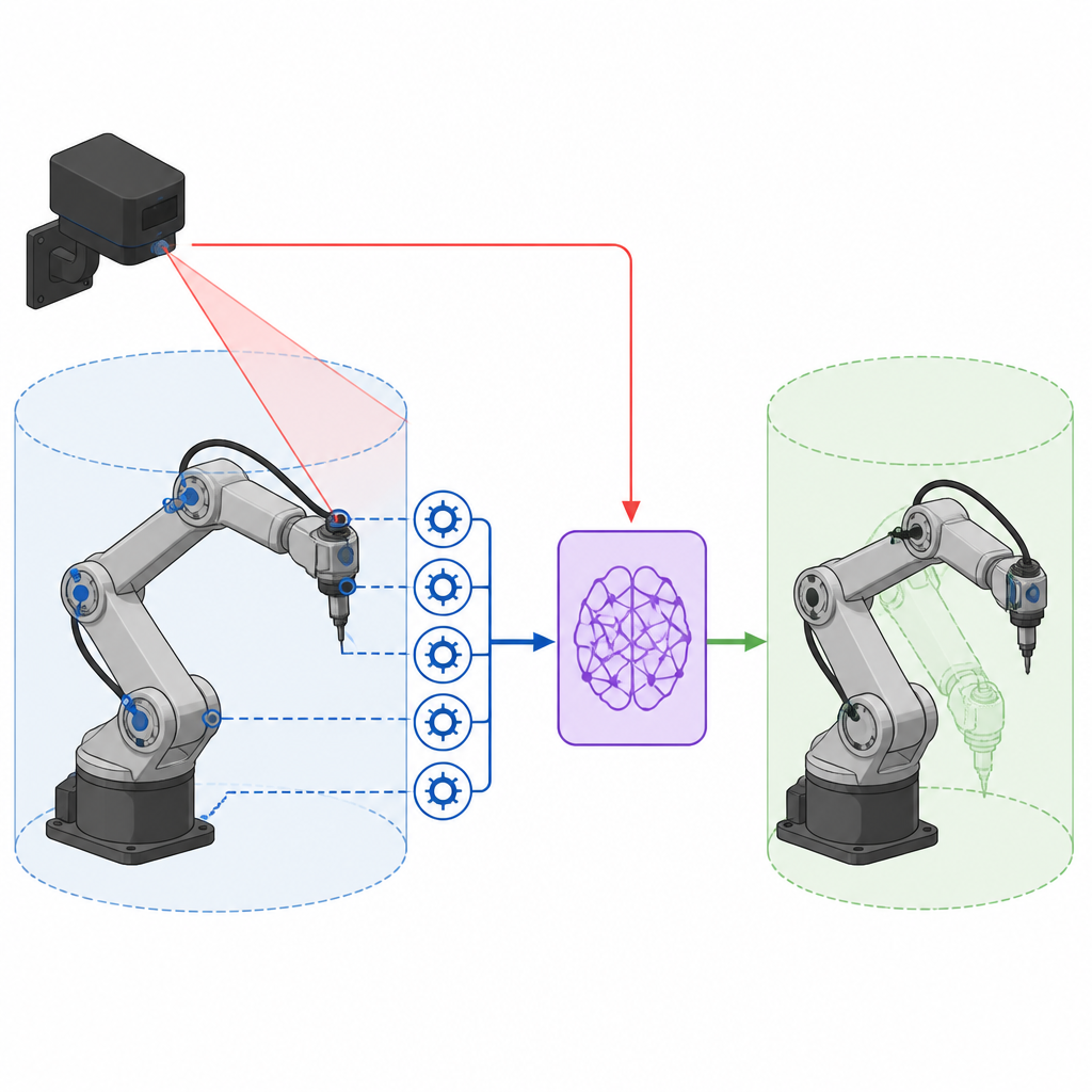 Figure 1. Wie zwei Messsysteme und intelligente Anpassung einen Fünf-Achsen-Roboter in Echtzeit auf dem vorgesehenen Pfad halten.