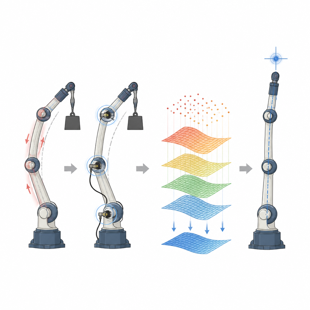 Figure 2. Wie Gelenksensoren und glatte Fehlflächen einen sich biegenden Roboterarm korrigieren, damit sein Werkzeug die richtige Stelle erreicht.