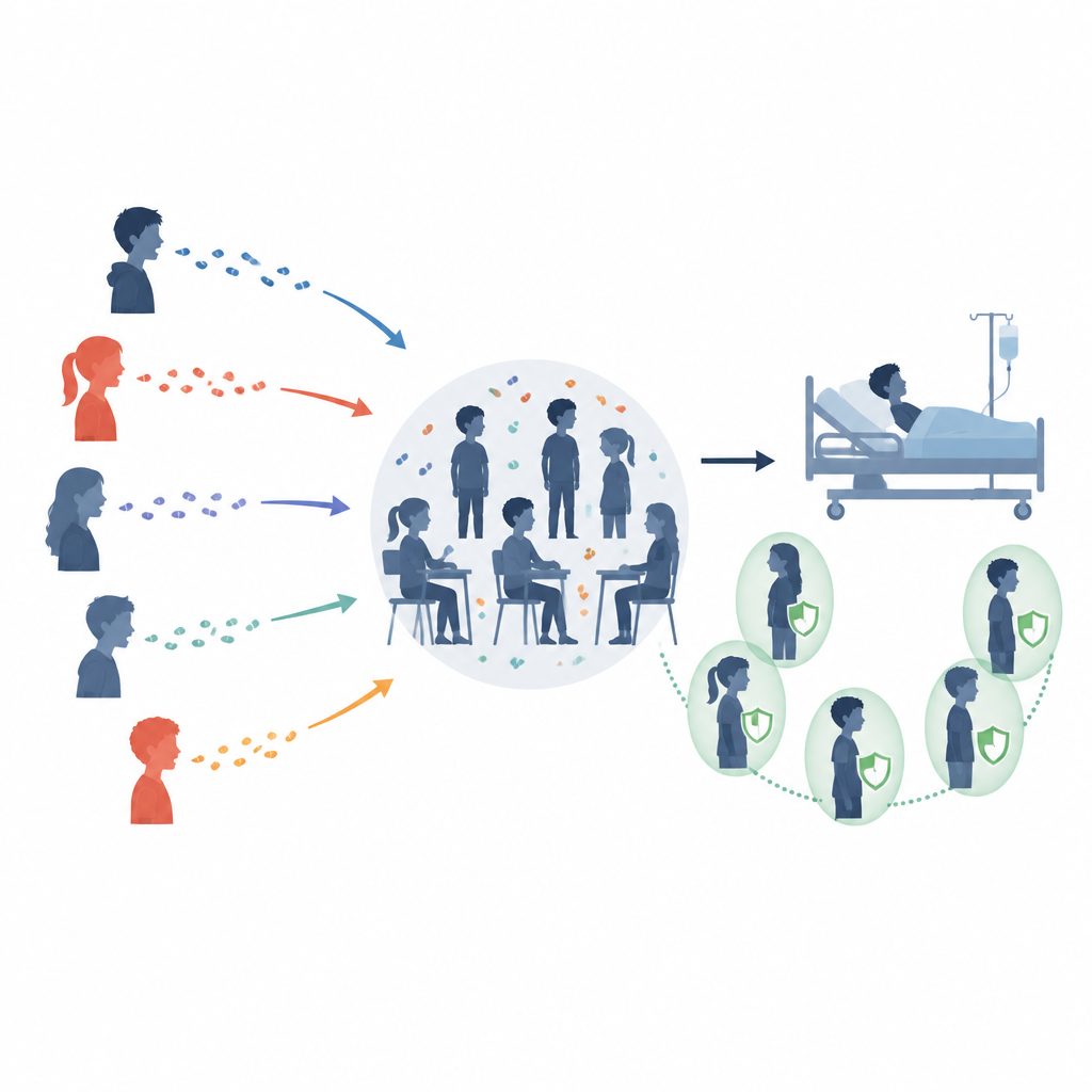 Figure 2. Hoe stille dragers onder tieners, één ernstig ziek geval, en snelle behandeling plus vaccinatie de verspreiding van meningitis stopten.