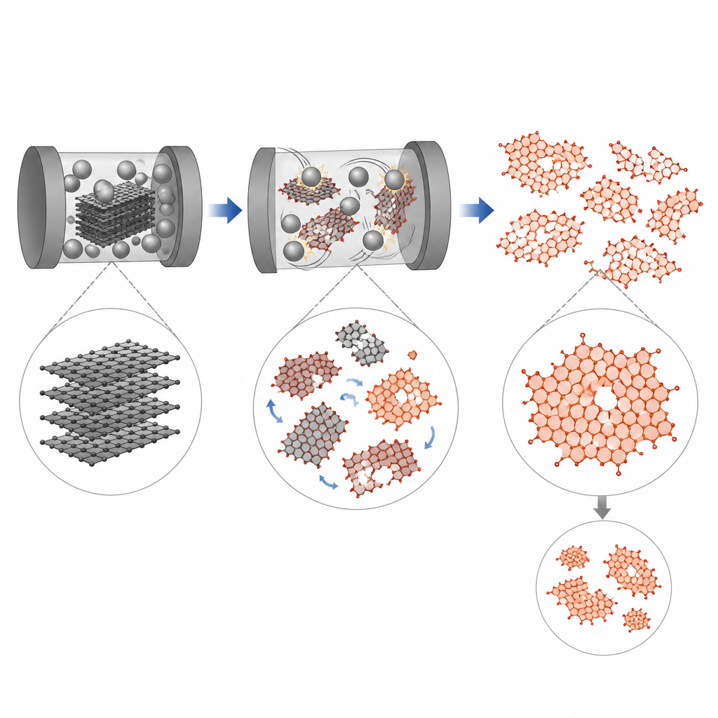 Figure 2. Come la macinazione a sfere e gli ultrasuoni rompono e sfogliano in modo diverso gli strati di grafite ossidata modificando l’area superficiale dell’ossido di grafene.