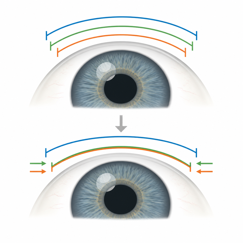 Figure 2. Drie apparaten meten corneale breedte; twee zijn met een eenvoudige verschuiving in lijn te brengen, één blijft afwijkend en inconsistent.