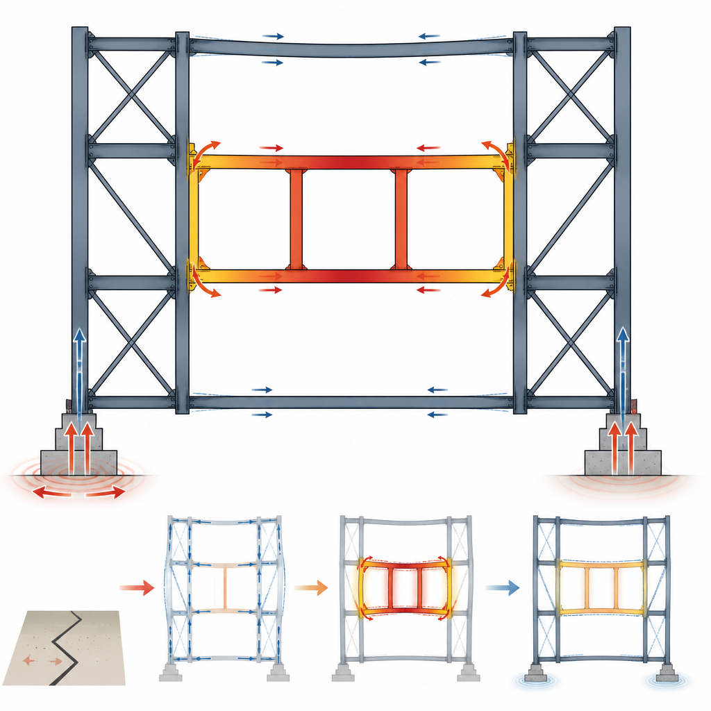 Figure 2. Come le forze sismiche concentrano la deformazione in un pannello tralicciato centrale affinché il resto della struttura in acciaio rimanga più stabile.