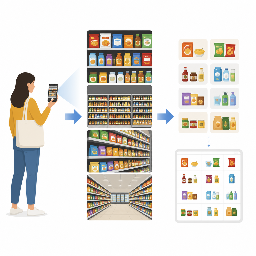 Figure 1. Hoe een telefoofoto van winkelstellingen kan worden omgezet in een automatische productlijst voor winkeliers en klanten