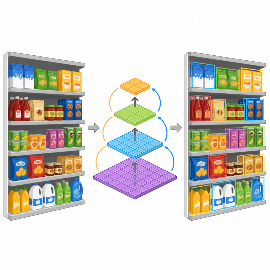 Figure 2. Hoe een visiemodel details op meerdere schalen combineert om kaders te trekken rond boodschappenartikelen op drukke schappen
